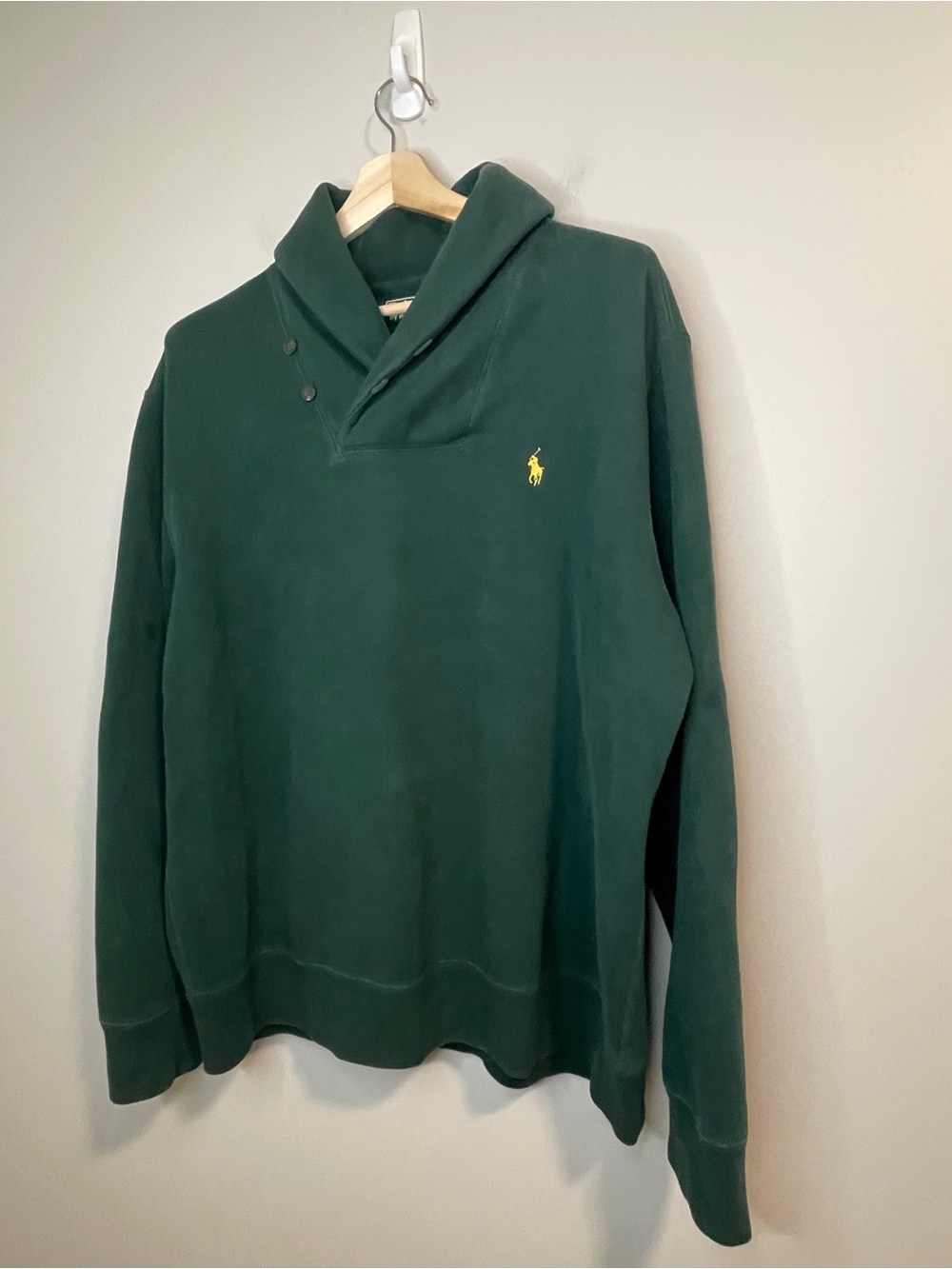 Polo by Ralph Lauren Dark Green Fisherman Shawl Pullover w Yellow Pony VINTAGE